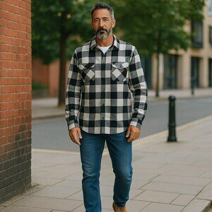 Highland 3X Gray Checkered Sherpa Lined Button Up Pockets Shirt Shacket Jacket